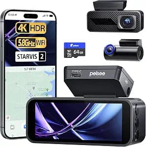 Pelsee P1 Pro 4K Dash Cam Front and Rear, STARVIS 2 Sensor, 64GB Card, Dual Dash Camera for Cars with Full-Color Night Vision, HDR WDR, ADAS, GPS, WiFi & Voice Control, 24H Parking Mode, 3.39" Screen