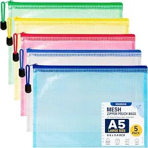 Mesh Zipper Pouch Bags - 5 Pack Waterproof Zipper Bags 6.8x9.4 Inch A5 Clear Mesh Storage Pouches Assorted Colors for Home, Office, School, Travel, Puzzles, Cosmetic, Accessories
