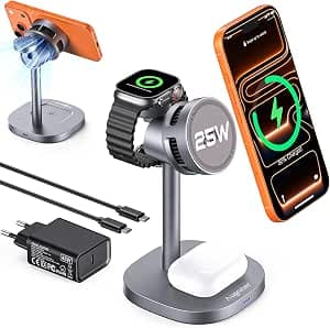 Charging Station Apple Watch and iPhone, 3 in 1 Mag Safe Charger 25 W, Charging Station Compatible with iPhone 17 16 15 14 13 12 Pro Max/Air/Plus/Pro, for Apple Watch, Airpods 4/3/2/Pro