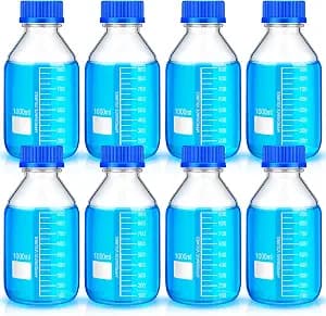 Irenare Media Storage Bottles Borosilicate Storage Glass Scientific Round Graduated Media Bottle with Blue Gl45 Screw Cap for Lab Water Reagent Liquids(1000 ml,8 Pcs)