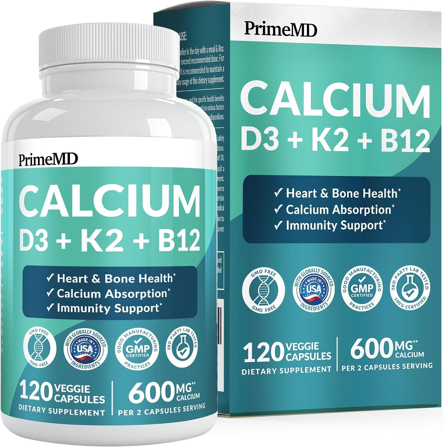 PrimeMD 4-in-1 Calcium 1200mg, Vitamin D3 K2 5000IU, Vegan Non-GMO, 120ct