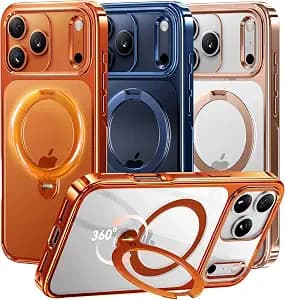 CASEKOO 360 Spin Magnetic Stand for iPhone 17 Pro Case [Fit for MagSafe][17FT Military Protection] Slim Polished Frame Titanium Alloy Sturdy Stand 6.3", Glossy Cosmic Orange