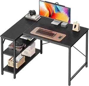 Huuger L Shaped Desk, 39 Inches Computer Desk with Reversible Storage Shelves, Gaming Desk, for Corner Home Office Writing Study, Metal Frame, Black