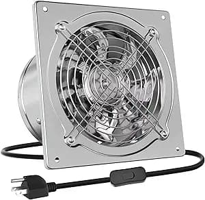 HG Power 6 Inch Exhaust Fan: Kitchen Exhaust Fans with Switch Portable Attic Vent Fan with 8 Feet Power Cord Plug-in Garage Ventilation Fan with Damper Shop Chicken Coop Basement Smoking Room Silver