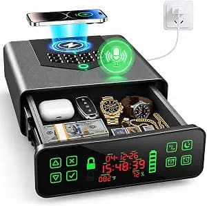 Biometric Smart Gun Safe with Wireless Charging, Voice Unlock Bedside Safe | 6-Way Quick Access, Fingerprint, Digital Keypad, LCD Display, Temperature & Humidity Monitor, Alarm Clock, Gift for Men