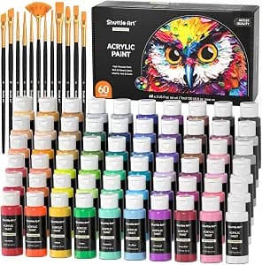 72 Pack Acrylic Paint Set, Shuttle Art 60 Colors Acrylic Paint Including Extra White Black & 12 Brushes, 2oz/60ml, Rich Pigmented, Water Proof, Ideal for Artists, Beginners on Canvas Rock Wood Ceramic