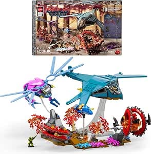Mattel Brick Shop Masters of the Universe Building Set, Eternia Flight Fight with 411 Pieces and 10 Figures, He-Man and Teela, Collectors and Ages 13+ (Amazon Exclusive)