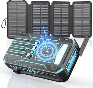 Solar Charger Power Bank 49800mAh Wireless Portable Phone Charger Built-in 4 Cables and 4 Solar Panels,12W QC3.0 Fast Charging USB-C Battery Pack for iPhone with Flashlight for Camping Travel