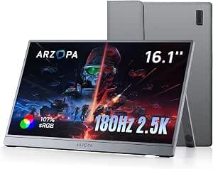 ARZOPA 16.1 inch 2.5K 180Hz Portable Gaming Monitor QHD 2560×1440 107% sRGB HDR10 Design with Built-in Stand and Protective Cover Compatible with PS5, Xbox, Switch, PC, Mac-Z3FC Grey