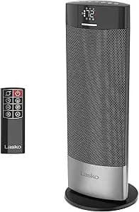 Lasko Ellipse Ceramic Tower Heater for Home with Tipover Switch, Child Lock, Digital Display, Thermostat, Wide Oscillation, Remote, Timer, For Bedroom, Office, Living Room, Den, 1500W, Black, CT18950