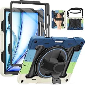 for Air 11 inch Case M3 2025 / M2 2024, Air 7th/6th Generation-with HD Screen Protector, 360 Rotating Kickstand/Hand Strap, Shoulder Strap, Pen Holder, Heavy Duty Military Grade- Kids Friendly