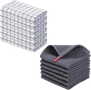 Homaxy 100% Cotton Waffle Weave Kitchen Dish Cloths 12 x 12 Inches, 6-Pack, Dark Grey and 100% Cotton Kitchen Towels 6 Pack-15 X 25 Inches, Black