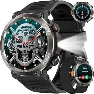 Military Smart Watch for Men, 100 Days Battery/Led Flashlight/Compass/2 Straps/IP68 Waterproof Smart Watches for Men, Tactical Smart Watch Outdoor, Answer/Make Calls Fitness Tracker for iPhone/Android