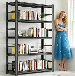 5-Tier Large Metal Bookshelf, Modern Industrial Bookcase, 77.5"H Adjustable Black Tall Bookshelf, Heavy Duty Storage Shelf for Books & Display, Living Room, Bedroom, Office, Kitchen, 47"W x18"D