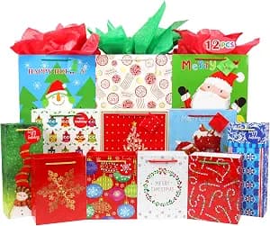 FZOPO Christmas Gift Bags Bulk Set Includes 3 Extra Large 3 Large 2 Bottle 4 Medium with Tags and Handles Christmas Print Gift Bags Assorted Sizes for Wrapping Holiday Gifts