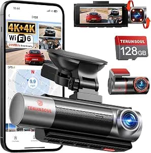 4K+4K+1080P 3 Channel Dash Cam Front and Rear with Cabin, Free 128GB Card Included, 5.8GHz WIFI6 - up to 20MB/s, IR Night Vision, Built-in GPS, G-Sensor, 24H Parking Mode, Support 512GB Max