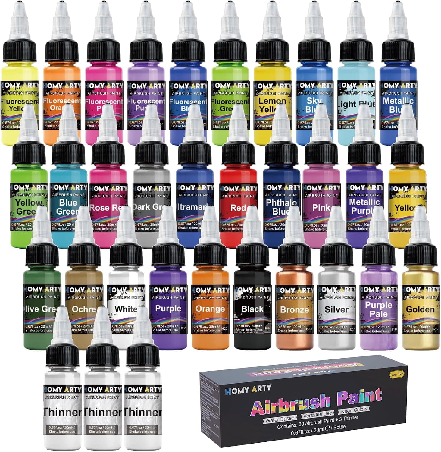 HOMY ARTY Airbrush Paint - 30 Colors with 3 Thinner