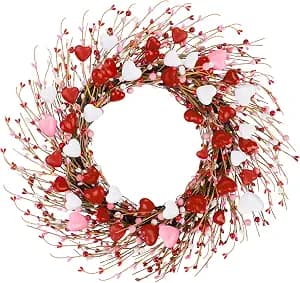 ANVAVO Valentine’s Day Wreath 24 Inches Red Pink and White Heart Berries Artificial Round Wreath for Wedding Party Anniversary Decor