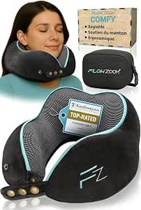 FLOWZOOM Comfy Memory Foam Travel Pillow for Airplane and Car - Adjustable Airplane Cushion, 360 Degree Support, Washable Plush Cover and Carry Pouch - Black
