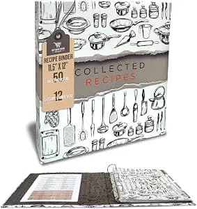 Better Kitchen Products Recipe Binder, Full Page 3 Ring Standard Binder Organizer Set (with 50 Page Protectors & 12 Category Divider Tabs) 11.5" x 12" Sleek Kitchen Design