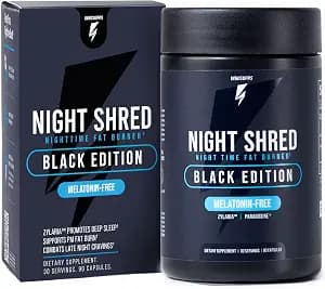 Night Shred Black Melatonin-Free Nighttime Fat Burner and Sleep Support Supplement - GABA Complex with Ashwagandha, CLA, Grains of Paradise, and Zylaria - Thermogenic Fat Burner - 90 Vegan Capsules