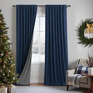 KOUFALL Navy Blue Linen Blackout Curtains,90 Inch Long Dark Blue Traditional Thermal Insulated Winter Curtains for Living Room Bedroom 2 Panel Set