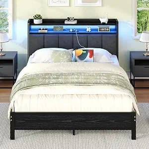 Queen Bed Frame with LED Lights and Charging Station, Metal Platform Bed Frame Queen Size with Upholstered Storage Headboard, Heavy Duty Metal Slats, No Box Spring Needed, Easy Assembly, Dark Grey