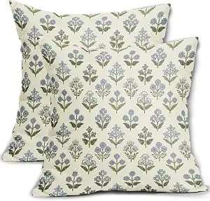 Blue Green Block Print Pillow Covers 20x20 Inch Set of 2, Vintage Floral Spring Decorative Throw Pillow Cases Boho Cushion Covers Rustic Decoration Gift Farmhouse Sofa Couch Bed Decor