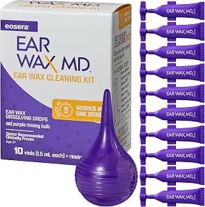 eosera Ear Wax MD Cleaning Kit - Fast-Acting Ear Wax Dissolving Drops & Rinse Bulb Syringe - Doctor Recommended, Clinically Proven Earwax Dissolver for Adults & Kids - Works in 15 Minutes - 10 Vials