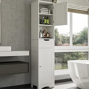 Bealife Bathroom Cabinet, Storage Column, Storage Unit with Adjustable Shelves, Drawer, Compartments, for Bathroom, Living Room, 40 x 30 x 170 cm, White