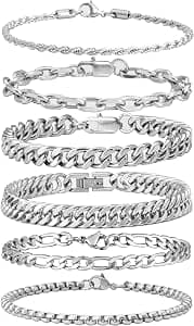 XIANNVXI 6pcs Bracelets for Men Gifts for Him Stainless Steel Bracelet Silver/Gold/Black Cuban Link Rope Paperclip Chain Bracelets Set 6.5/7/7.5/8.3/9 Inches Metal Bracelet Mens Fashion Accessories Jewelry Gifts Set
