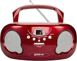 Groov-e Original Boombox - Portable CD Player with Bluetooth, Radio, 3.5mm Aux Port, & Headphone Socket - LED Display, 2 x 1.2W Speakers - Battery or Mains Powered - Red
