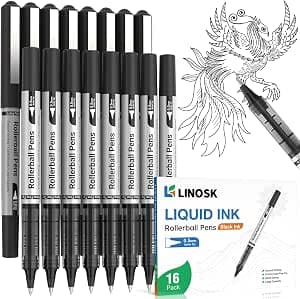 Black Gel Pens 16-Pack, 0.5mm Fine Point Rollerball Pens with Quick-Drying Ink, Smooth Writing for School, Office, Note Taking & Sketching