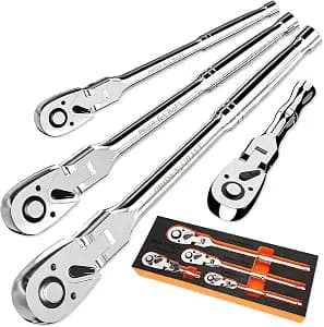 PRIDE&CRAFT 4-Piece Flex Head Ratchet Set, 1/4", 3/8", 1/2" Drive, 3/8" Stubby, 72-Tooth, Socket Wrench Quick Release Reversible Design, Swivel Head Ratchet, Chrome Alloy Made, EVA Organizer