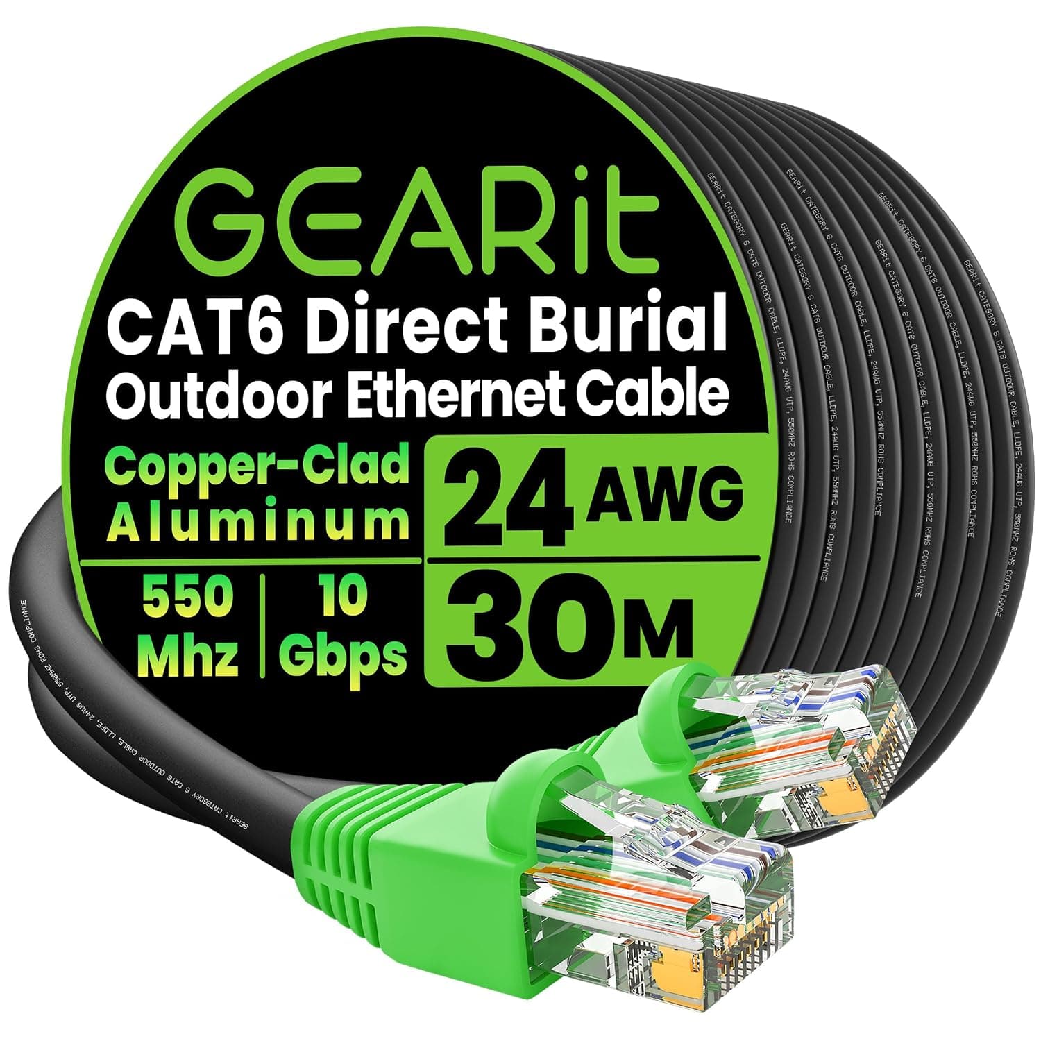GEARit Cat6 Outdoor Ethernet Cable (30 Meters) CCA Copper Clad, Waterproof, Direct Burial, In-Ground, UV Jacket, POE, Network, Internet, Cat 6, Cat6 Cable - 30m