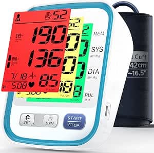 Blood Pressure Machine for Home Use, 3 Color Backlit Blood Pressure Monitor, Automatic BP Machine with 22-42cm Upper Arm Large Cuff, 2 x 99 Memory & Voice, Pulse/Heart Rate Meter