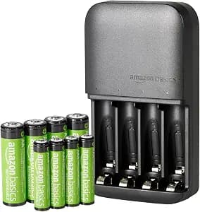 Amazon Basics 8 Count Rechargeable NiMh Batteries (4 AA & 4 AAA) with 4-Bay Battery Charger, Low Self Discharge, Pre-Charged, Type A (American) Plug, Black