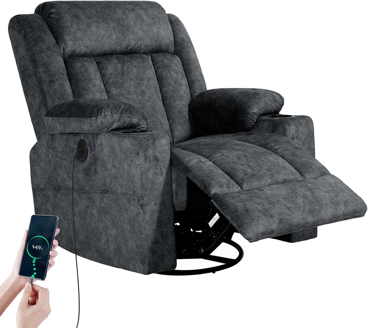 LAFWELL Retro Rocking Recliner Chair, Massage Rocker Recliner Chair with Vibration Massage and Heat, USB and Type-C Ports,360° Swivel Chairs,Living Room, Bedroom, Nursery, RV, Dark Grey