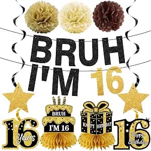 11PCS 16th Birthday Decorations for Boys Girls, Black Gold Happy 16th Birthday Banner Bruh I'm 16 Centerpieces Hanging Swirls Pompoms Party Supplies, Sixteen Party Ceiling Table Decors Gifts