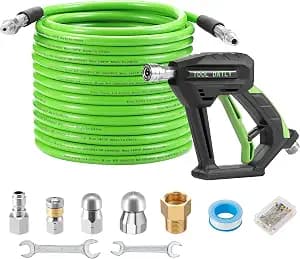 Tool Daily Sewer Jetter Kit for Pressure Washer 50 FT, Short Power Washer Gun, Drain Cleaner Hose 1/4 Inch NPT, Corner, Rotating and Button Nose Sewer Jet Nozzle, 3600 PSI