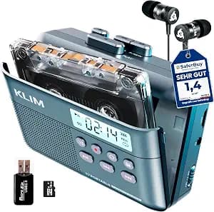 KLIM K7 Cassette Tape Player - Cassette to MP3 Converter - Portable - Built-in Microphone & Speaker - Rechargeable Battery - Earphones - 16GB SD Card - Blue