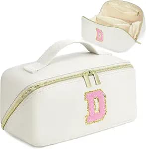 for Valentines Day Gifts, Makeup Bag for Women, PU Leather Travel Toiletry Bags, Initial Make Up Cosmetic Pouch for Teen Girls, Wide Open Portable Skincare Bag, Personalized Birthday Gifts, White D
