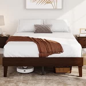 Yaheetech Full Size Solid Wood Platform Bed Frame Low-Profile Dark Walnut | Sturdy rubberwood frame with 12 plywood slats offers solid support, assembles easily, and stays quiet, no box spring needed.
