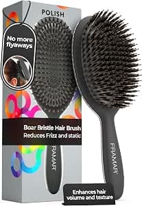 FRAMAR Black Boar Bristle Hair Brush - Natural Bristle Brush For Fine Hair, Boar Brush For Slicking Back Hair, Hair Brush For Women, Slick Back Hair Brush, Brosse a Cheveux, Brosse Poil De Sanglier