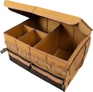 Trunk Organizer For SUV, Car Trunk Organizer, Truck Bed Organizer, Camping Tableware Organizer Box, Large, Brown, 1680D Oxford Polyester, 4-Compartments With Handle