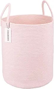 Cotton Rope Laundry Basket Hamper for Girls Kids Baby Nursery Hamper Bin Woven Storage Basket for Living Room Girls room Boho Tall Rope Baskets for Blanket Toys Large light pink