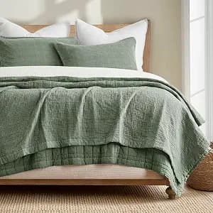 EVERGRACEHOME Stonewashed Cotton Quilt Set Full Queen Size, Ultra Soft Oversized Bedspread Coverlet Set, Lightweight Crinkle Box Stitch Bedding Sets for All Season, with 2 Shams, Olive Green
