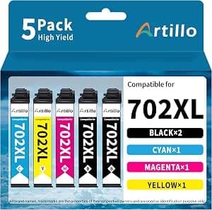 Remanufactured Ink Cartridge Replacement for Epson 702 Ink Cartridges 702XL T702 T702XL for Epson Workforce Pro WF-3720 WF-3730 WF-3733 Printer (2 Black, 1 Cyan, 1 Magenta, 1 Yellow, 5 Pack)