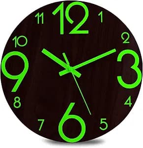 Plumeet Luminous Wall Clock - 12'' Non-Ticking Silent Wooden Clocks with Night Light - Large Decorative Wall Clock for Kitchen Office Bedroom,Battery Operated (Brown Face)