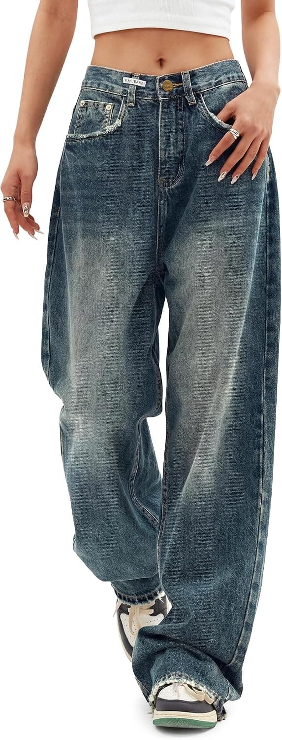 EMMIOL Women Baggy Jeans High Waist Boyfriend Streetwear Vintage Jeans Wide Leg Denim Pants